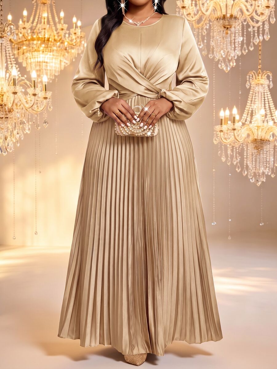 Fleurora Plus Size Elegant Solid Color Twisted Pleated Dress Fall - Gold - View 1
