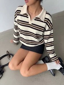 Aloruh 女款秋冬條紋 Polo 衫，復古 Y2K 風格休閒上衣，春季長袖秋季上衣 - 杏色 - 查看 4