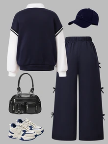 SHEIN 女童 2 件套假分層衛衣與寬腿褲，學院風 V 領撞色長袖上衣，附可愛蝴蝶結印花裝飾，寬鬆直筒褲，學生休閒套裝，柔軟親膚面料，休閒運動風，適合春秋出遊與校園穿著 - 藏蓝色 - 查看 2