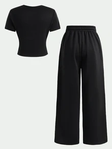 SHEIN Serisse Kids Tween女孩針織春夏新款時尚休閒極簡風棕色T恤配繫帶寬鬆長褲2件套，日常百搭度假款 - 黑色 - 查看 3