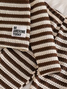 SHEIN 女童2件套：小立領長袖短版T恤，附英文刺繡貼布，搭配條紋鳳梨花針織修身喇叭褲，適合日常休閒時尚穿著 - 彩色 - 查看 7