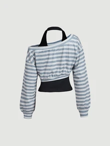 SHEIN MOD 女款條紋長袖 2 合 1 休閒掛脖領衛衣 - 淺灰色 - 查看 2