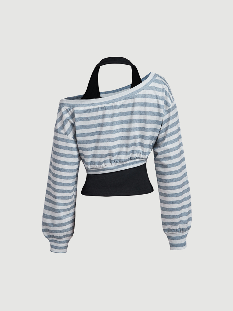 SHEIN MOD Women's Striped Long Sleeve 2 In 1 Casual Halter Neck Sweatshirt - Light Grey - View 2