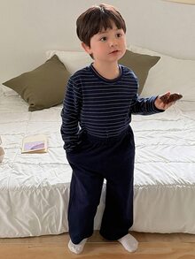 Dazy Kids Boys (Small) Striped Loose Top + Straight Leg Solid Color Pants 2 Pieces Loungewear Set - Navy Blue - View 10