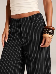 SHEIN Tall CURVE 大尺碼女款條紋口袋休閒日常長褲 秋季 - 黑色 - 查看 3