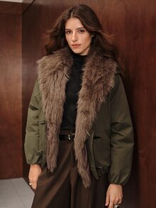 Anewsta Women's Plush Patchwork Casual Versatile Winter Padded Coat - Army Green - View 1