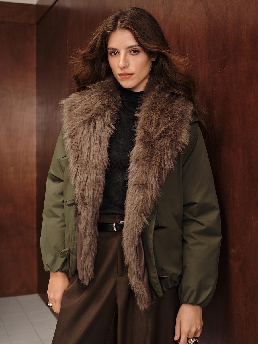 Anewsta Women's Plush Patchwork Casual Versatile Winter Padded Coat - Army Green - View 1