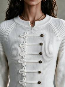 Penseblé Gaun Sweater Pendek Wanita Musim Gugur/Dingin, Lengan Panjang, Kerah Tegak Kecil, Dekorasi Kancing Simpul, Gaya Napoleon - Krem - View 5