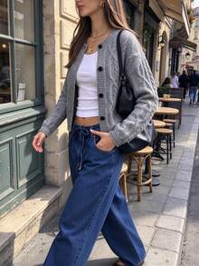 Autumina Cardigan Rajut Kabel Warna Polos, Jaket Sweater Kancing Tunggal Warna Polos, Cocok Untuk Pakaian Kasual Di Musim Gugur Dan Musim Dingin - Grey - View 4