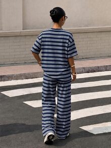 Muchica 2件組女款寬鬆條紋圓領落肩短袖T恤與鬆緊腰條紋長褲，冬季毛衣套裝，秋冬休閒套裝，新年穿搭，聖誕節，海軍藍，長袖2件套，女款舒適春季2件套 - 彩色 - 查看 2