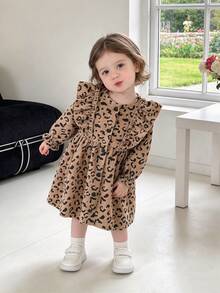 SHEIN Glamorique Kids 1件女嬰洋裝，春/秋休閒森系風格，適合幼兒與嬰兒 - 咖啡棕 - 查看 7