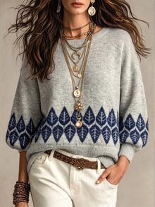 SHEIN Forest Style Vintage Loose Slouchy Knit Crew Neck Sweater - Grey - View 1