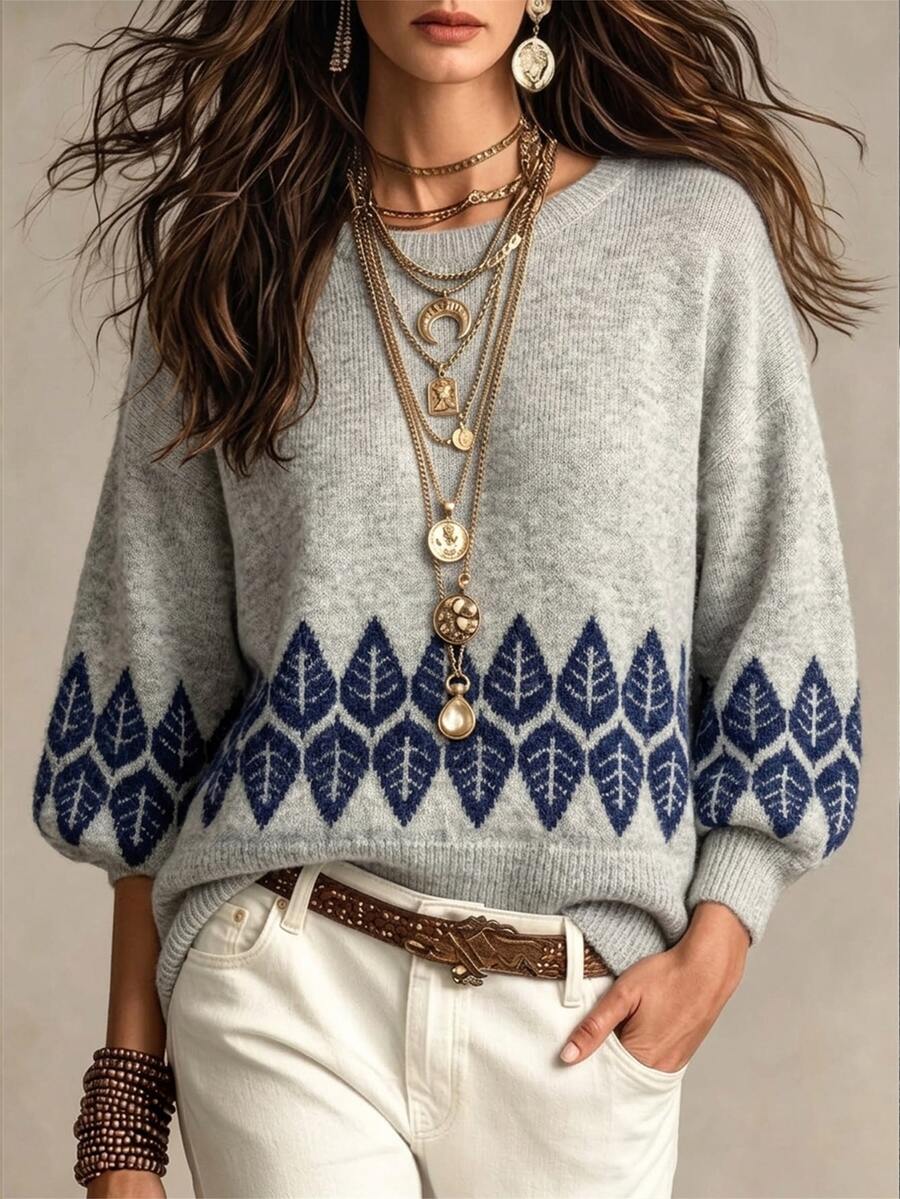 SHEIN Forest Style Vintage Loose Slouchy Knit Crew Neck Sweater - Grey - View 1