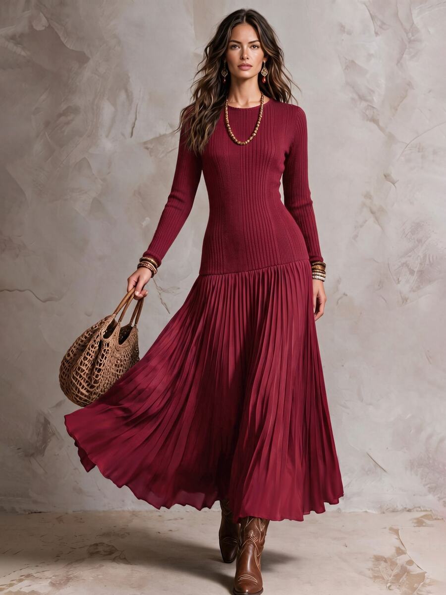 Solivie Women's Navy Blue Pleated Patchwork Long Dress, Suitable For ...