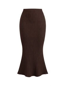 SHEIN Clasi Cross V-Neck Sweater And Mermaid Knit Skirt Set - Coffee Brown - View 3
