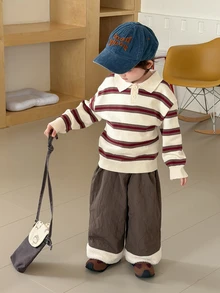 DAZY Infant (Boy) Turn Collar Striped Korean Style Long Sleeve Sweater - Coffee Brown - View 4
