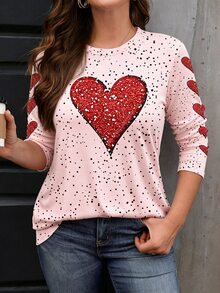 EMERY ROSE Plus Size Women Heart Pattern Print Round Neck Long Sleeve T-Shirt, Ladies Top - Multicolor - View 4