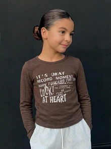 Hapijoa Tween Girl Letter Graphic Casual Daily Long Sleeve T-Shirt - Mocha Brown - View 1