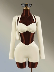 Amplova Women's Solid Color Long Sleeve Tank Top, Ruched Halter Neck Bra And Shorts Sports Set - White - View 1