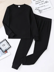 SHEIN 青少年男孩 2件組休閒加厚黑色修身長袖圓領褲裝家居服；底層內衣，適合秋冬、返校，舒適 - 黑色 - 查看 2