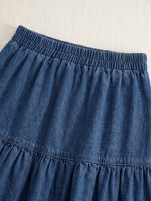 Rivivi Women's Street Style Elastic Waist Washed Wrinkled Long Denim Skirt - Medium Wash - View 3