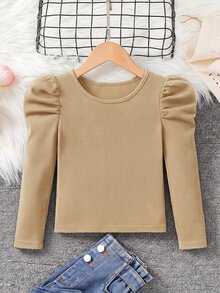SHEIN Tween女孩黑色夏季兒童基礎休閒校園日常穿搭，修身復古羊腿袖假領T恤，運動Y2K風格，長款母女裝上衣 - 卡其色 - 查看 8