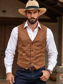 Manfinity Mode Áo vest da lộn phong cách cao bồi miền Tây cho nam, áo gile da retro 5 cúc cho đám cưới, dạ hội và trang phục thường ngày ... - màu nâu - Xem 3