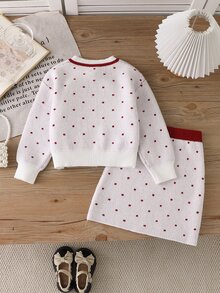 SHEIN Young Girl Polka Dot Bow Decor Long Sleeve Top And Skirt Knit Set - White - View 2