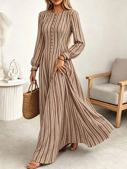 Trelyra Women's Round Neck Button-Up Waist-Cinching Elastic Back-Waist Adjustable Draped A-Line Split Design Long Sleeve Striped Brown Long Dress French Elegant Sophisticated Commute Casual Vacation Formal Office Afternoon Tea Street Style Muslim Middle Eastern Women's Spring Autumn New Arrival Autumn Winter Dress
