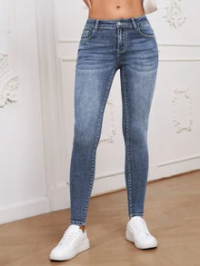 SHEIN Essnce 女款百搭辣妹風鈕扣口袋修身牛仔褲 - 藍色 - 查看 4
