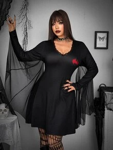 Whyspr BATMAN X SHEIN Đầm thời trang nữ size lớn in slogan phối lưới tương phản cho mùa thu - màu đen - Xem 4