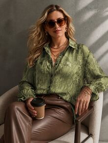 Ceyna Plus Size Lightweight Fabric Snake Print Long Sleeve Shirt - Olive Green - View 7