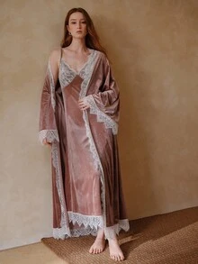 MOTF PREMIUM WOMEN'S ELEGANT LACE CUFF PATCHWORK NIGHTGOWN - Pink - View 6