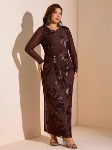 Comfylo Velvet Fabric Waist Knot Slim Fit Plus Size Women Jacquard Dress - Multicolor - View 5