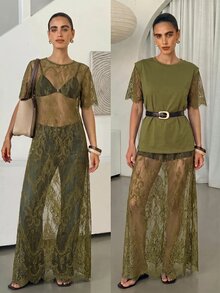 Lavishia 女款圓領短袖透視蕾絲洋裝，蕾絲刺繡透視拍照造型裙，黑色花卉，日常優雅派對夜店女裝 - 軍綠色 - 查看 8