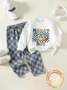 SHEIN 2件組小男孩可愛白色秋季運動衫與藍色丹寧運動套裝，返校季夏季校園，兒童長袖小男孩兩件式牛仔套裝 - 彩色 - 查看 2