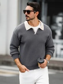 Marcello Vane 歐美新博主風時尚設計成熟休閒男士拼色翻領 Polo 休閒針織上衣，深灰色，適合辦公工作，秋季 - 灰色 - 查看 1