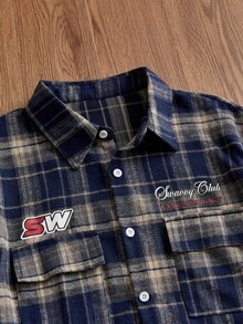 SWAVVY Men's 2 In 1 Patchwork Plaid Workwear Pocket Single-Breasted Shirt - Navy Blue - View 4