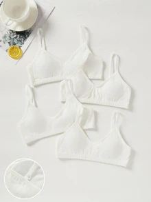 4pcs Girls' Bra Set, Traceable Cotton, Student Wear, Removable Cups, White - White - View 2