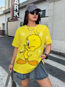 LOONEY TUNES X SHEIN 大尺碼女款卡通印花休閒日常短袖T恤 - 白色 - 查看 1