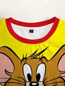 TOM & JERRY X SHEIN Women's Cartoon Print Short Sleeve Fitted T-Shirt - White - View 5