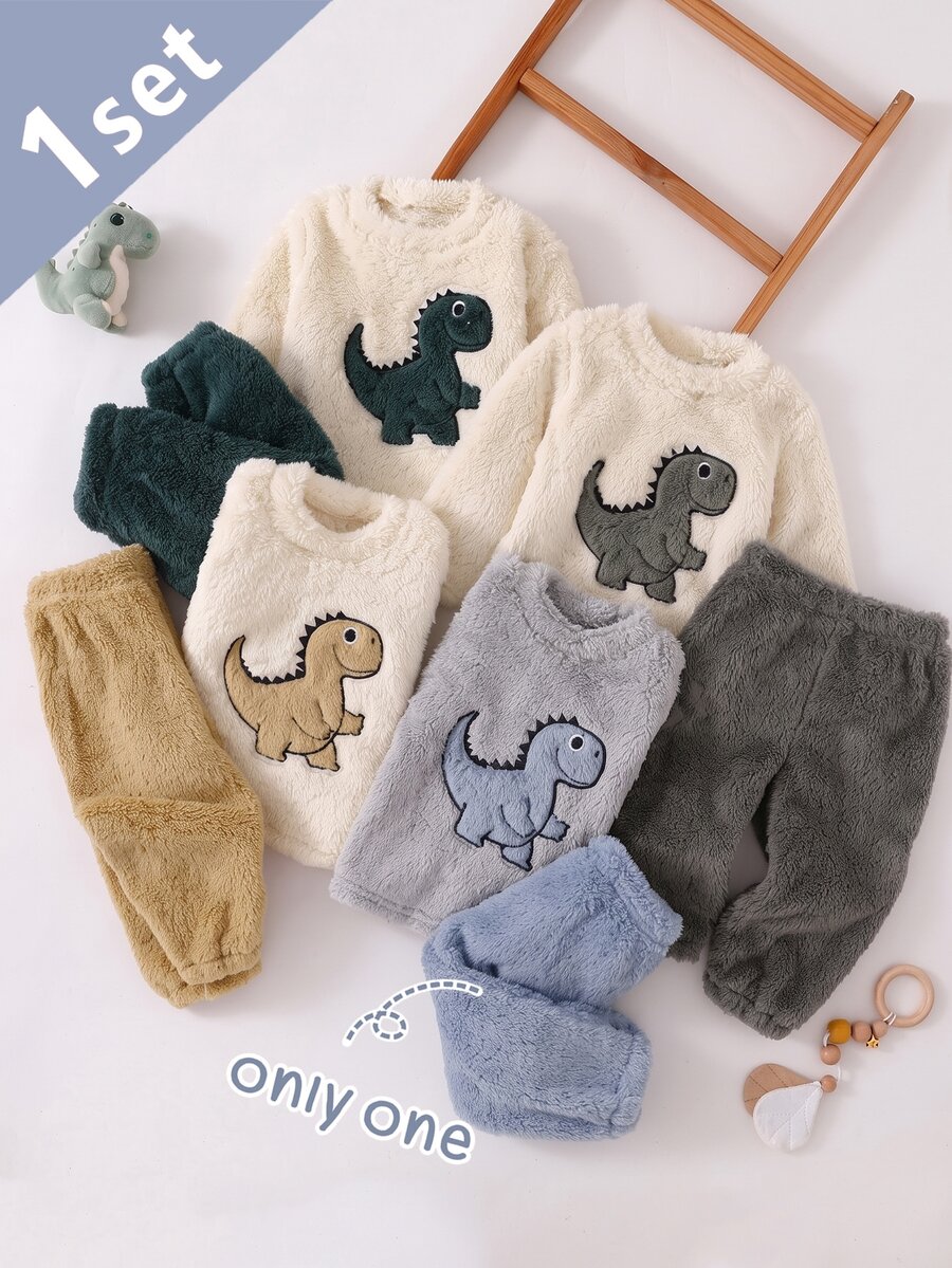 秋冬雙面保暖內裡加厚男童幼兒套裝，酷萌卡通恐龍刺繡，柔軟舒適毛茸茸長袖上衣與長褲 2 件套，居家休閒服 - 灰色 - 查看 1