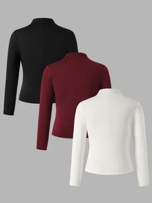 SHEIN 青少年女孩秋季上衣 秋冬加厚保暖休閒日常穿搭層次感高領羅紋抓絨布料純色校園風 白色 棕色 黑色 - 彩色 - 查看 2