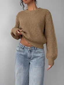 SHEIN BASICS 女款純色圓領寬鬆休閒毛衣 秋冬服飾 - 卡其色 - 查看 3