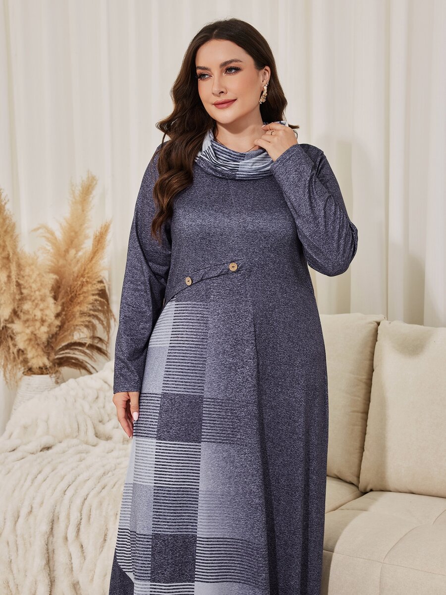 Lacomfia Women's Elegant Ruched Neck Patchwork Floral & Plaid Print A-Line Plus Size Long Sleeve Casual Dress - Grey - View 1