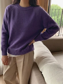DAZY 女款素色落肩長袖休閒商務套頭毛衣，秋季長袖上衣，秋季女裝 - 紫色 - 查看 3