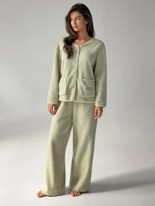 DAZY Women's Letter Embroidered Single-Breasted Pocket Top And Pants Pajama Set - Green - View 12
