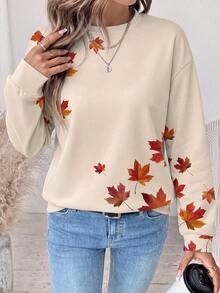 SHEIN LUNE 女款休閒葉子印花長袖運動衫 - 白色 - 查看 4