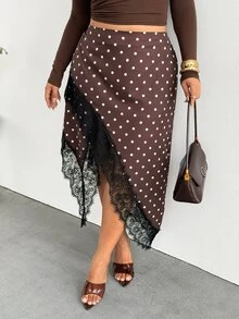 Firerie Plus Size French Polka Dot Lace Asymmetrical Hem Skirt - Brown - View 5