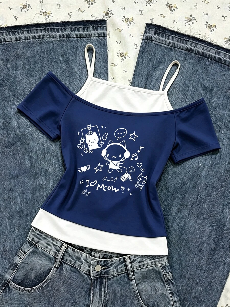SHEIN 青少年女孩創意清新可愛兔與貓耳機設計趣味字母印花 2合1露肩細肩帶短袖T恤 - 彩色 - 查看 1
